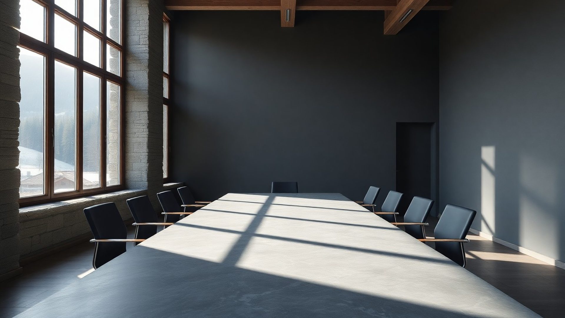 Minimalistična konferenčna miza v svetli velenjski pisarni